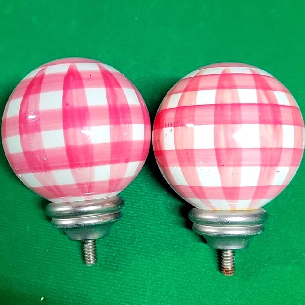 Pottery Barn Kids Gingham Finials Pink W/Brushed Nickel - Set of Two (2)